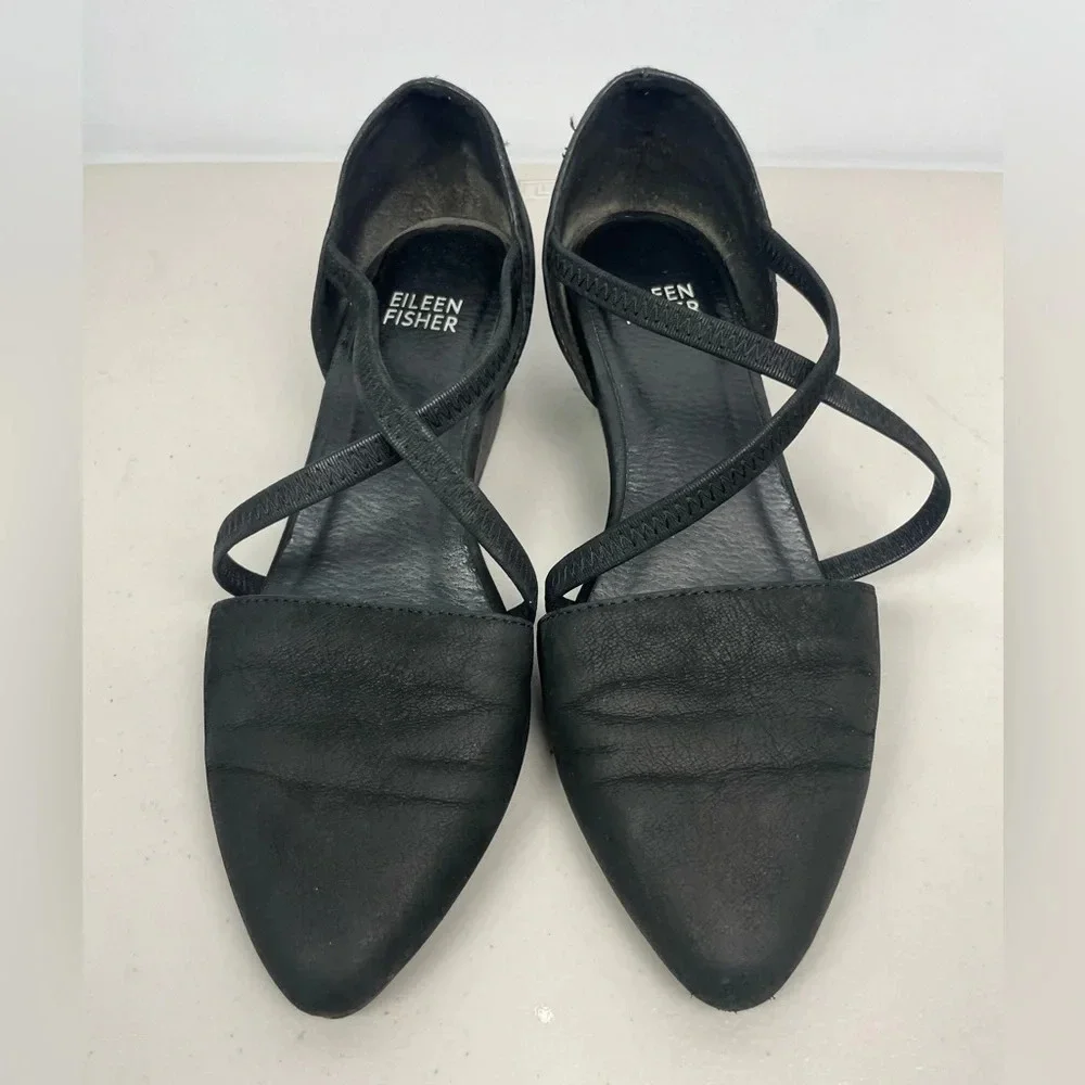 Eileen Fisher Black Poet Crisscross Strap Pointed Toe‎ Stacked Heel